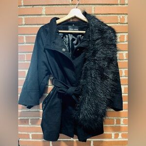 Giorgio Armani Black Trench Coat with Plush Faux Fur Detail